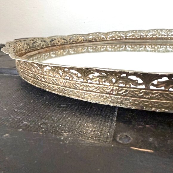 Vintage Ormolu Gold Filigree Oval Vanity Mirror Tray 1960s 1970s Dresser Display - Picture 5 of 9